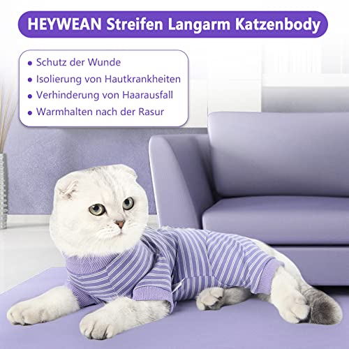 HEYWEAN Katzenbody Nach Op Kastration - Langärmeliger Body Streifen Katzenbekleidung - Halskrausen-Alternative für Operation Anti-leckende Nach Der Operation Tragen