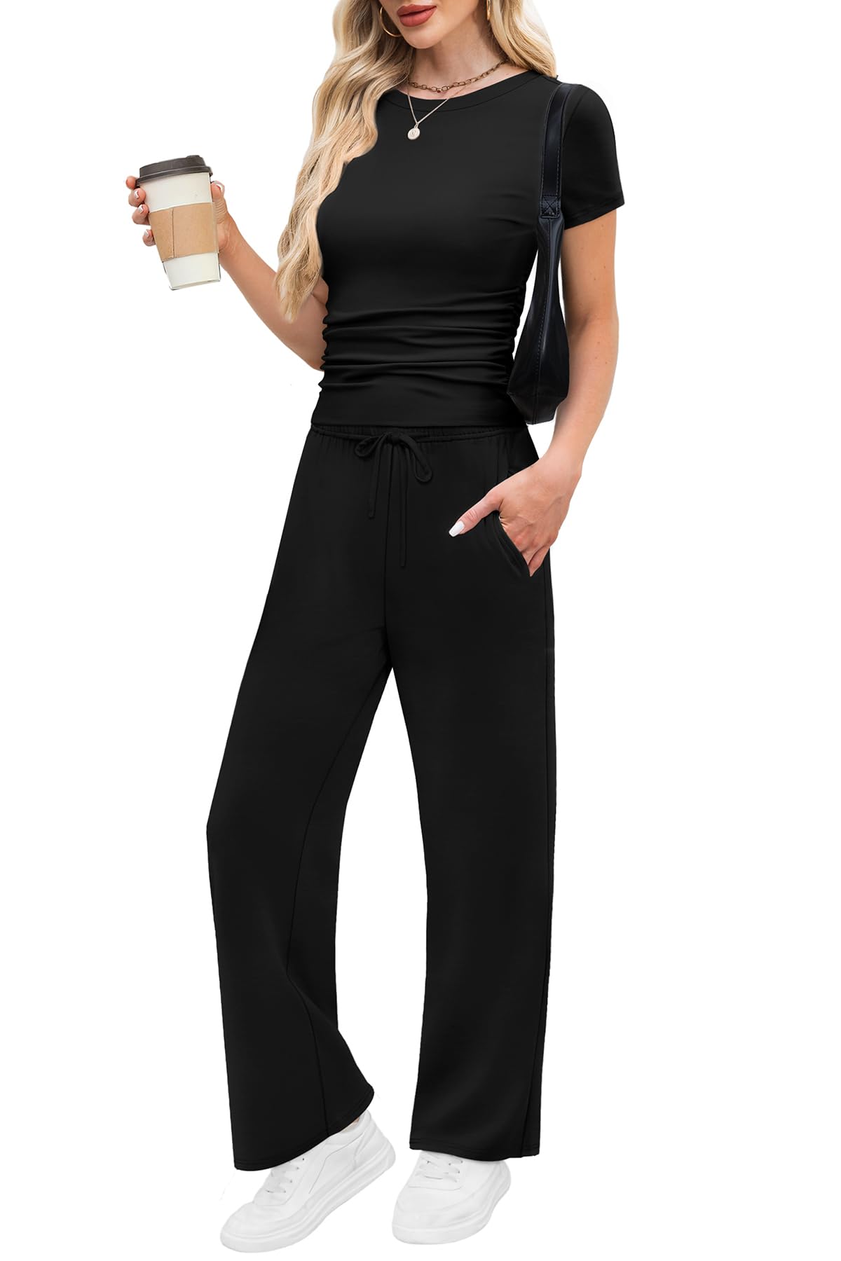 WIHOLL 2 Piece Sets for Women Summer Travel Vacation Outfits Workout Ruched Tops Wide Leg Pants Lounge Sets