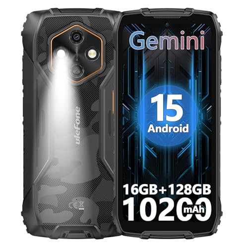 Ulefone RugKing 4 Pro Movil Resistente, 10200mAh 16GB+128GB/SD 2TB Android 15 AI Smartphone 6,56” 120Hz Teléfono, Octa Core Cámara 48MP+8MP, 120LM Super Torch/3 Slots/IP68/IP69K/OTG/NFC/GPS Negro