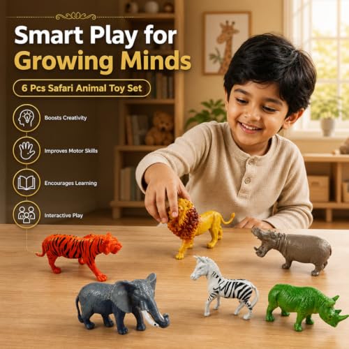 Image of ZESTHOME Bring the Jungle Home | 6PCS Wild Animal Toy Figures for Kids 3+ | Lion, Tiger, Elephant, Zebra, Rhino & Hippo | Ultimate Safari Playset | Perfect First Wildlife Collection