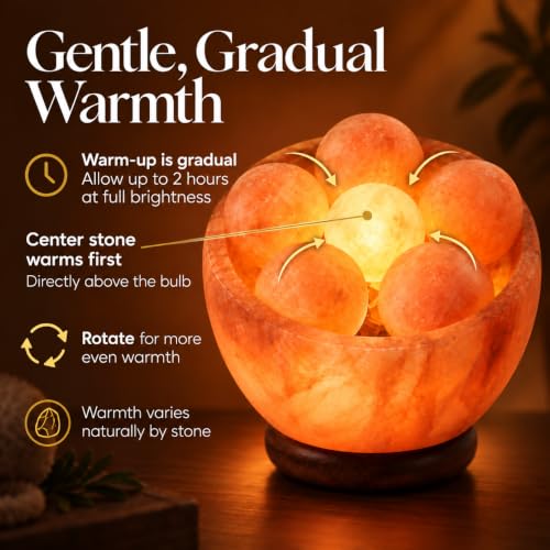 UMAID Himalayan Salt Lamp Bowl with 6 Himalayan Salt Massage Stones, Dimmable Pink Rock Salt Lamp for Bedroom, Office Desk & Meditation Room, Spa Decor, Relaxation Home Decor Gifts for Men & Women