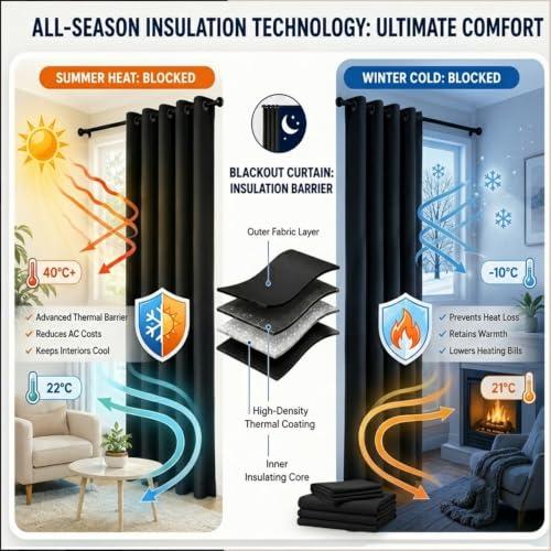 Image of 100% Blackout Window Curtains, 7 Feet, Solid Design, Faux Silk, Thermal Insulated, Noise Reducing Eyelet Door Curtain with Tie Back for Living Room & Bedroom, 115x210cm, Pack of 1 - Black