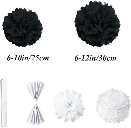 Miniatura 2 de 12 pompones de papel negro de 10 pulgadas y 12 pulgadas, flores de papel de seda para colgar, bolas de flores de papel para boda, fiesta, decoración