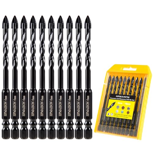HPMAISON Steinbohrer Set, 6mm Fliesenbohrer Glasbohrer 10tlg. mit 4 Schneiden Hartmetallspitze für Keramikfliesen, Ziegelmauer, Beton, Wandspiegel, Glas, Kunststoff, Holz und Mauerwerk
