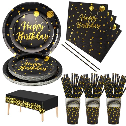 Nkaiso Cumpleaños Vajilla de Fiesta 121 Piezas Negro Dorados Juego de Vajilla de papel de Platos Vasos y Servilletas Artículos de Decoración para fiestas -24 Invitados