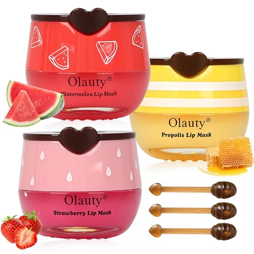 3Pcs Honey Lip Balm Uk, Honey Bee Balm, Honey&Strawberry, Watermelon, Moisturizing Lip Mask Overnight, Reduce Lip Lines, Stocking Fillers Christmas Gifts