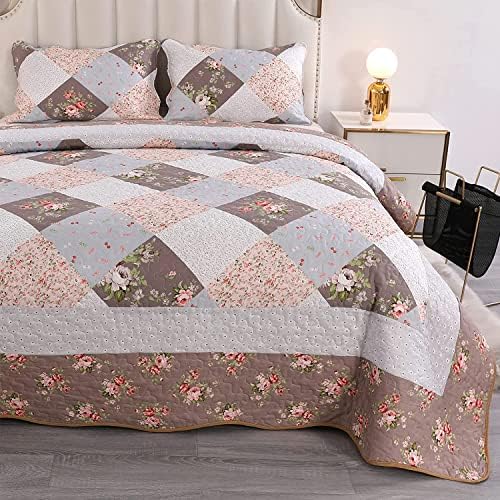 Patchwork Quilt Set Double Size Quilted Bedspread Coverlet Set 3-Piece 220 x 240 cm Reversible Floral Comforter Stitched Bedding Set Bed Cover Throw Blanket with 2 Pillow Shams (Brown)