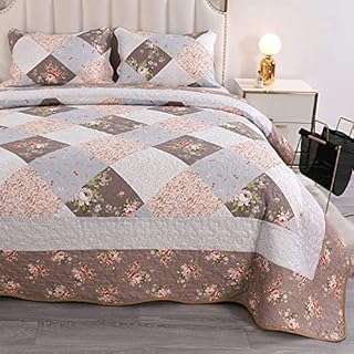 Patchwork Quilt Set Double Size Quilted Bedspread Coverlet Set 3-Piece 220 x 240 cm Reversible Floral Comforter Stitched Bedding Set Bed Cover Throw Blanket with 2 Pillow Shams (Brown)