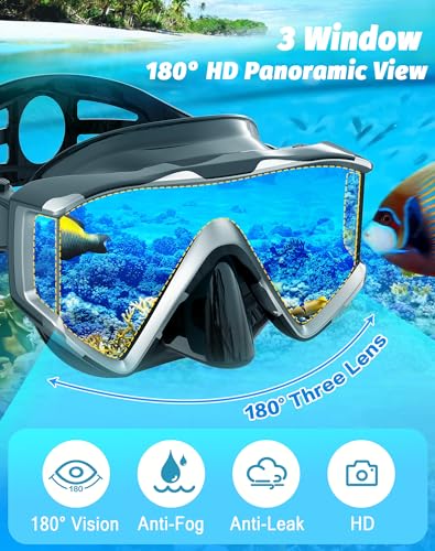 image for Greatever Snorkel Set Pano 3 Window Snorkel Mask Adult, Panoramic Wide