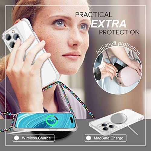 Nalia Necklace Cover With Band Compatible With Iphone 14 Pro Case, Transparent Anti-Yellow Phonecase & Adjustable Holder Strap, Protective Crossbody Hardcase & Silicone Bumper, Color:black Colorful #TOP4