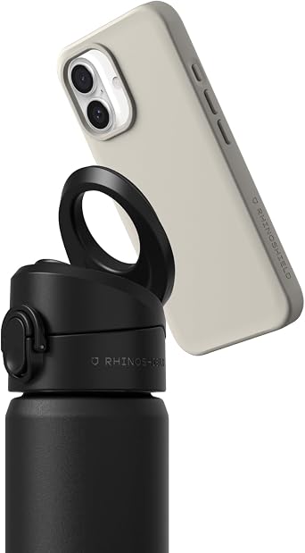 RhinoShield Black AquaStand Magnetic Bottle 23oz with Shell Beige iPhone 16 SolidX Protective Case | Stainless Steel Insulated Water Bottle with Straw Lid and MagSafe Compatible Handle