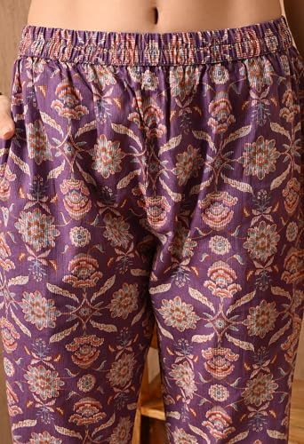 Image of Amazon Brand - Tavasya Women Cotton Anarkali Kurta Pant Dupatta Set | Printed Ethnic Suit Set | Flared Anarkali Kurta with Pant & Dupatta | Festive & Casual Wear