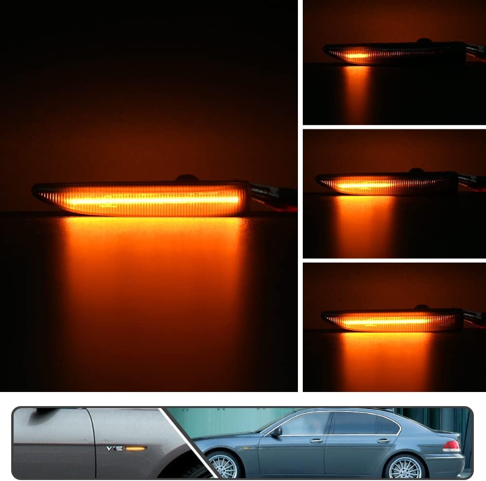 2Pcs Amber Dynamic Sequential Blink LED Side Marker Light for BMW 7 Series E65 E66 745i 750i 760i 745Li 750Li 760Li ALPINA B7 2002-2008 Front Fender Turn Signal Light Indicator Lamp Smoked Lens