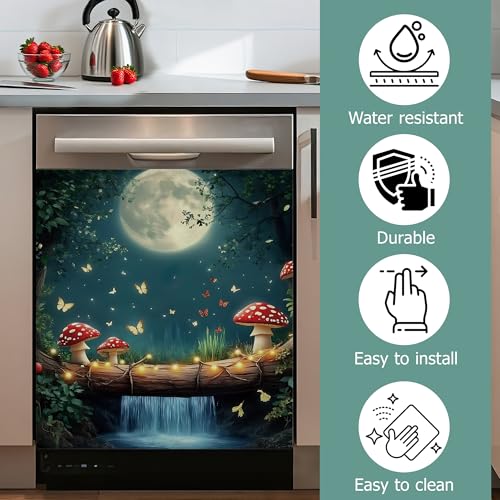 Image of Dishwasher Cover,Red Mushroom Reusable Dishwasher Magnet Cover,Decorative Moon Night Butterfly Magnetic Refrigerator Cover Front Panel Cover for Kitchen Decor 23x26 Inch