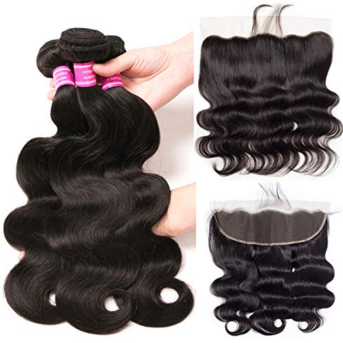 Brazilian Body Wave Hair 3 Bundles with Frontal Closure 13x4 Ear to Ear Lace Frontal with Baby Hair 100% Unprocessed Virgin 10A Human Hair Extensions Weave Natural Black Color (14 16 18+12 Frontal)