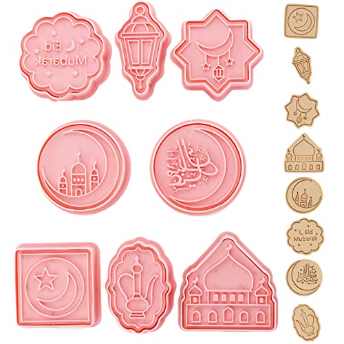 8Pcs Cookie Fondant Stamper,3D Biscuit Cutters Sets,Plunger Cookie Cutter for Ramadan Islamic Muslim,Handmade Biscuit Press Stamp Molds,Kitchen Bakeware Tool Including Castle Moon Star Street Light