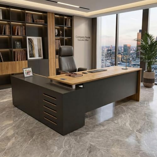 Image of FFO Executive L-Shaped Office Desk with Storage Cabinet | Premium Wooden Manager Table for Home & Office | Large Workstation with Drawers & Cupboard | Modern Boss Desk (Black & Coach Wood)