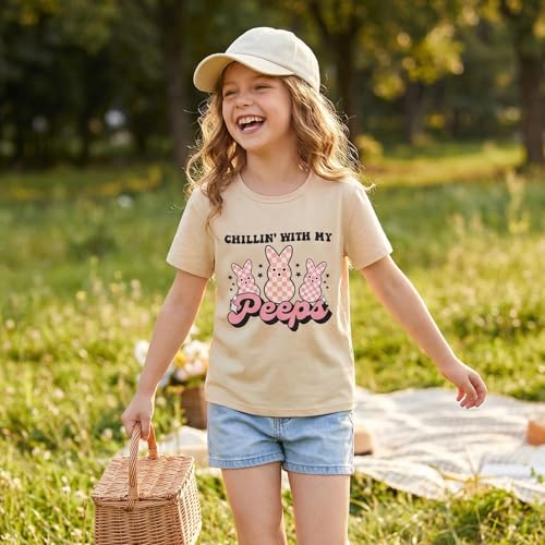 Image of CM C&M WODRO Kid Girl Easter Bunny T-Shirt Chillin' with My Peeps Shirt Short Sleeve Funny Happy Easter Graphic Tees Tops