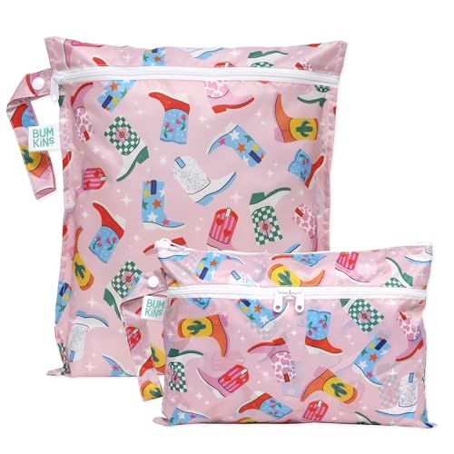 Image of Bumkins - Waterproof Wet Bag & Wet/Dry Clutch Bags - For Beach, Baby, Travel, Swim Suit, Cloth Diapers, Pump Parts, Pool, Gym, Toiletries - Reusable & Easy to Clean - Cowgirl Boots - 2 Pack