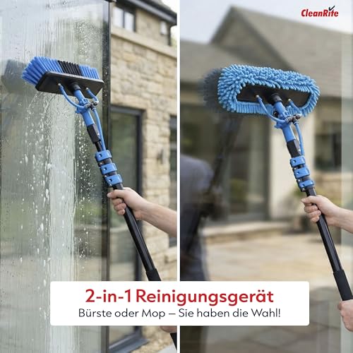 CleanRite® Teleskop Waschbürste 7m extra lang mit Wasseranschluss | Teleskopbürste mit Wasseranschluss | PV Reinigungsbürste Teleskop Set | Terrassendach Reiniger & Dachrinnenreiniger | Schwarz