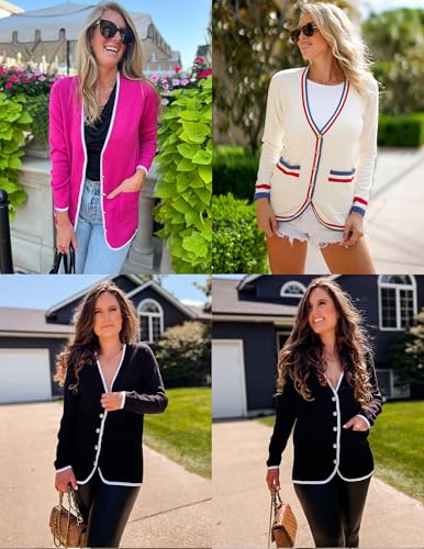 ZESICA Women's Fall Fashion Cardigan Sweaters Long Sleeve Button Open Front Color Block Coatigan with Pockets4