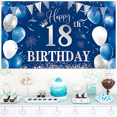 Image of 18th Birthday Banner Backdrop,BTZO Happy 18th Birthday Decorations,Blue Silver Large Fabric Photo Backdrop Background for Boys Girls 18th Birthday Party,70.8 x 43.3Inch