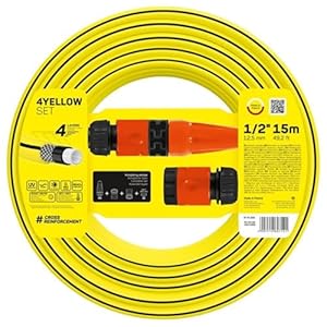 Cellfast Set Gartenschlauch YELLOW, Leicht, Strapazierfähig, 4-lagig, Regner, UV und Algenfest, Verwindungsfestigkeit, REACH-Technologie, 20 bar, -10/+50° Verschluss: 1/2", 15m