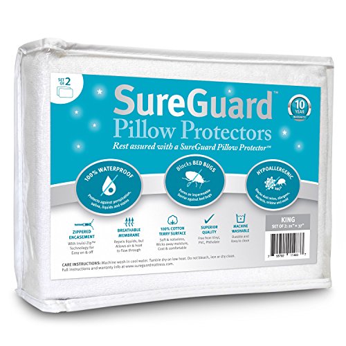 Image of Set of 2 King Size SureGuard Pillow Protectors - 100% Waterproof, Bed Bug Proof, Hypoallergenic - Premium Zippered Cotton Terry Covers