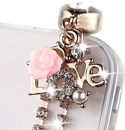 Cute Crystal LOVE Pink ROSE Chain Charm Cell Phone Dust Plug For iPhone iPad Mini iPad iPod Touch Samsung Huawei MI Android phone with 3.5mm earphone jack IP570b-3