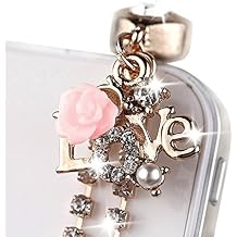Cute Crystal LOVE Pink ROSE Chain Charm Cell Phone Dust Plug For iPhone iPad Mini iPad iPod Touch Samsung Huawei MI Android phone with 3.5mm earphone jack IP570b-3
