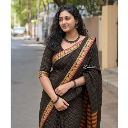 Image of Narayanpet Pure Cotton Avani Border Saree for Women with Running Blouse | Tassels | Traditional Woven Solid Design | Handloom Weave