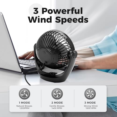 OCOOPA USB Desk Table Fan with Strong Airflow & Quiet Operation, Portable Cooling Fan Speed Adjustable 360°Rotatable Head for Home Office Bedroom Table and Desktop - Image 4