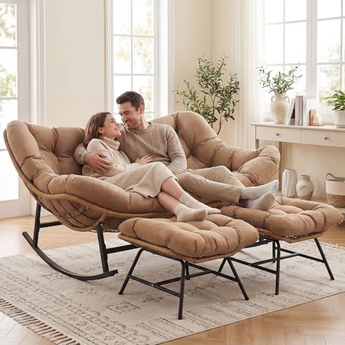 Image of NICESOUL Oversized Double Rocking Papasan Chair with Cushion, 2 Person Big Wicker Outdoor Comfy Recliner, Large Heavy Duty 700 lbs Loveseat for Patio, Balcony, Backyard