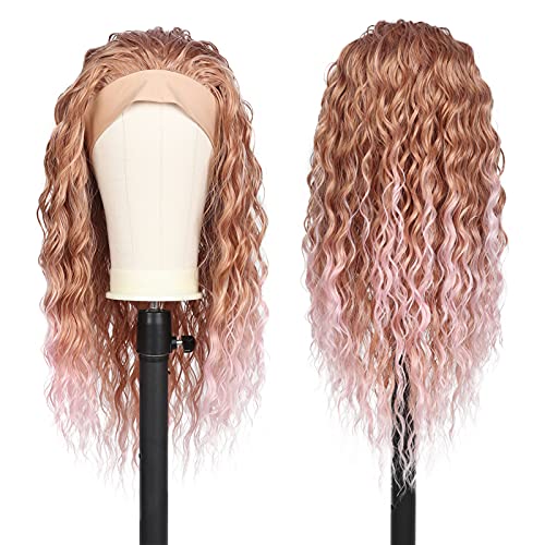 Headband Wig for Women Long Pink Wavy Synthetic Wigs Natural Looking Glueless 24 Inch Wig for Daily Party Wear