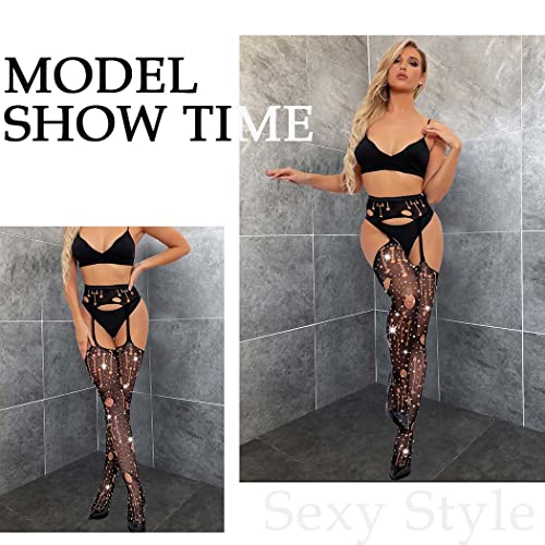 Image of CanB Rhinestone Fishnet Stockings High Waist Tights Sexy Fishnets Thigh Suspender Pantyhose Stockings for Women and Girls