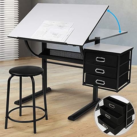 Mesa de Dibujo Reclinable con Taburete y Cajones Cover