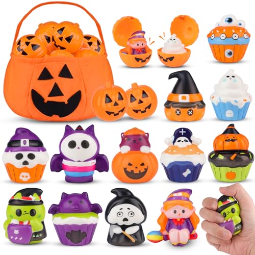 nicknack 24 Stück Halloween Mitgebsel - 12 Squishy Spielzeug + 12 Kürbis-Hüllen als Gastgeschenke für Kinder Pinata Füllung Kindergeburtstag Halloween Give Aways für Goodie Bags