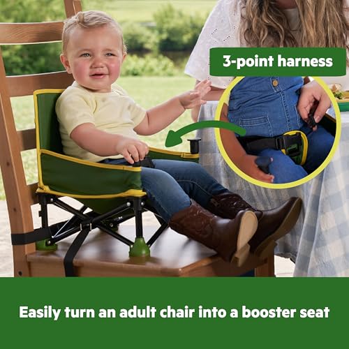 Image of Bright Starts John Deere Pop 'N Sit Portable Booster Chair, Floor Seat, Indoor /Outdoor Use, Compact Fold, Green and Yellow, 6 Mos - 3 Yrs