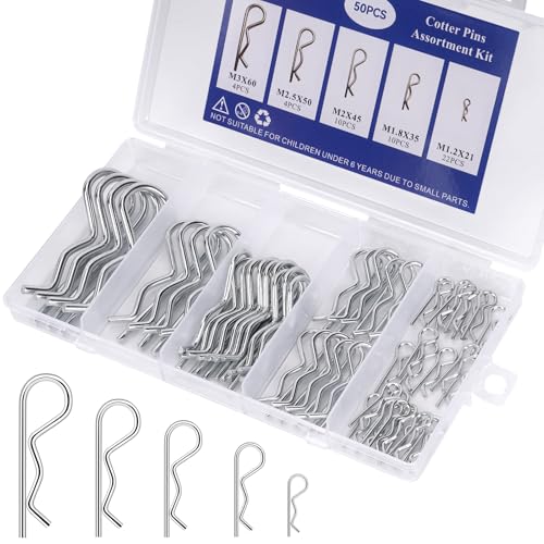 Ruqamxu 50PCS Cotter Pins, Cotter Pin Assortment Kit, Heavy Duty R Clips Hardware Pins, Spring Fasteners Hitch Pin for Trailer Locking, Lawn Mowers, Trucks, Mechanics and DIY Choice