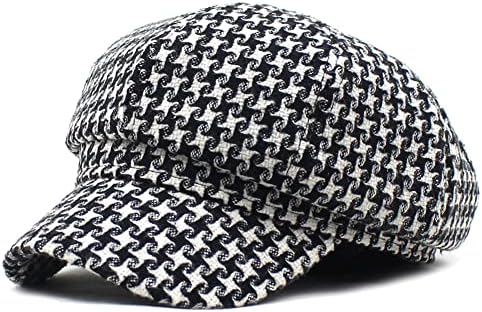 KEKY Women's Tweed Paperboy Hat Fall Houndstooth Printed Newsboy Hats 8 Panel Girls Cabbie Visor Beret Cap (Black Houndstooth), One Size