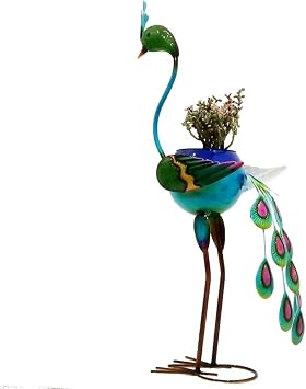 Metal Standing Flamingo Planter Flower Holder, Home Garden Decor, Outdoor Metal Yard Art, Lawn and Garden Outside Planters Peacock