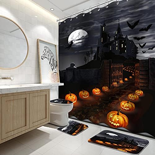 Vacation Halloween Bathe Curtain Units with Rugs and Bathroom Lid Cowl and Tub Mat for Lavatory, Bathe Curtain Units with 12 Hooks, Waterproof Sturdy Lavatory Decor Set