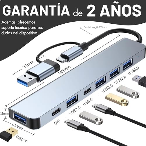 Hub USB C 7 en 1, Adaptador USB C con USB 3.0 + 2 Tipo C, Carga PD 100W, 5 Puertos USB 3.0, USB C Hub Multipuerto para Portátiles, Compatible PC, Tableta, MacBook Air/Pro, iPad Pro, iPhone 16 Pro MAX - imagen 2