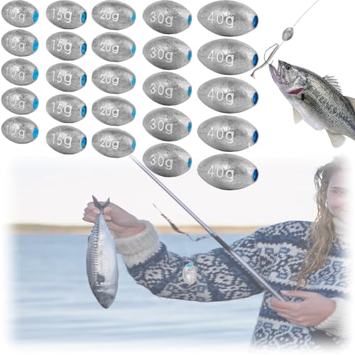 Seutmrou 25 stuks vissen loden set, elliptisch looplood vissen gewichten met kunststofkern, 5 maten 10 g/15 g/20 g/30 g/40 g, lood vissen grondlood voor zout water, zoet water, karperlood
