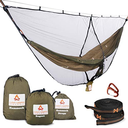 Cushy Camper プレミアムハンモック バグネットとツリーストラップ付き キャンプスリープシステム ネットコンボ付き 丈夫な蚊帳 虫を寄せ付けない ハンモック キャンプキット 幅調整可能 快適（Amazon）
