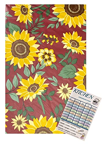 Autumn Vinyl Tablecloth Flannel Backed Fall Harvest Floral Sunflowers On Maroon Background Indoor Outdoor With Custom Magnet (52'' X 90'' Oblong), Cranberry, Yellow, Brown, Multicolored, Ab399-Sun #TOP20