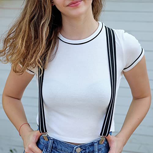 Women's Suspenders - 1" Width - Y Back 4 Clip Skinny Ladies Suspenders (Striped Black 2) #TOP2