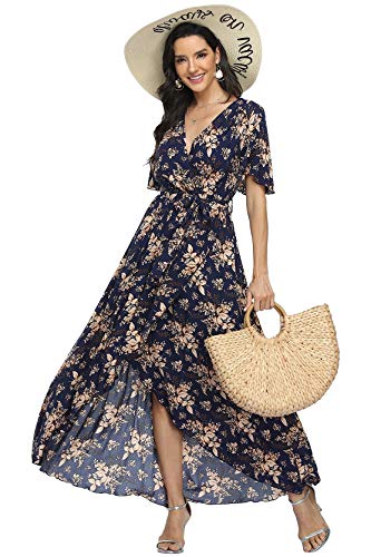 Image of VintageClothing Women's Wrap V Neck Floral Summer Dresses High Low Maxi Casual