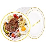 ricpok Gold Plastic Plates Heavy Duty 100 Pieces 10.25 inch Gold Rim Disposable Dinner Plates Ideal