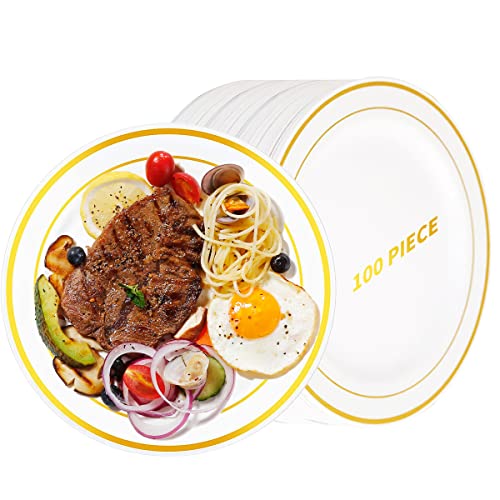 Ricpok Gold Plastic Plates Heavy Duty 100 Pieces 10.25 Inch Gold Rim Disposable Dinner Plates Ideal For Weddings Party Dinner Wedding Party Supplies #TOP5